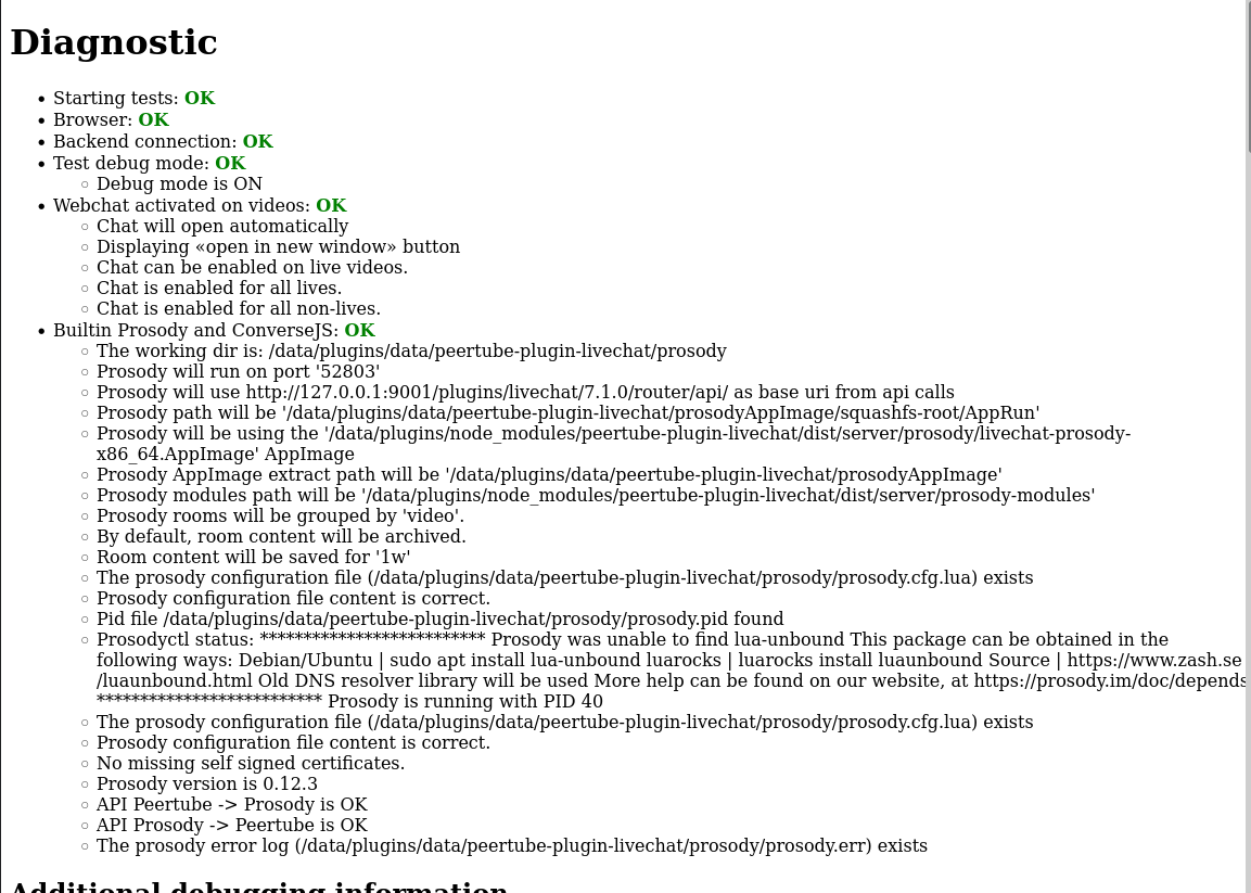 Screenshot stránky s diagnostickými výsledky. Obsahuje mnoho informací, včetně stavu různých testovacích sad.